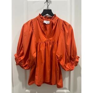 Never A Wallflower High Neck Ruffle Cotton V-Neck Blouse Sz XS